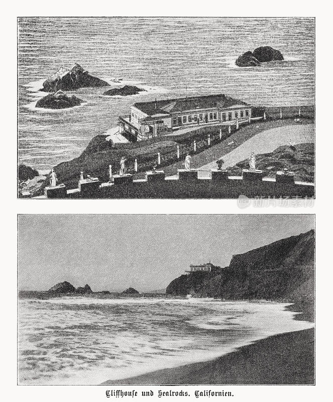 加利福尼亚州的Cliff House和Seal Rocks，半色调版画，1899年出版